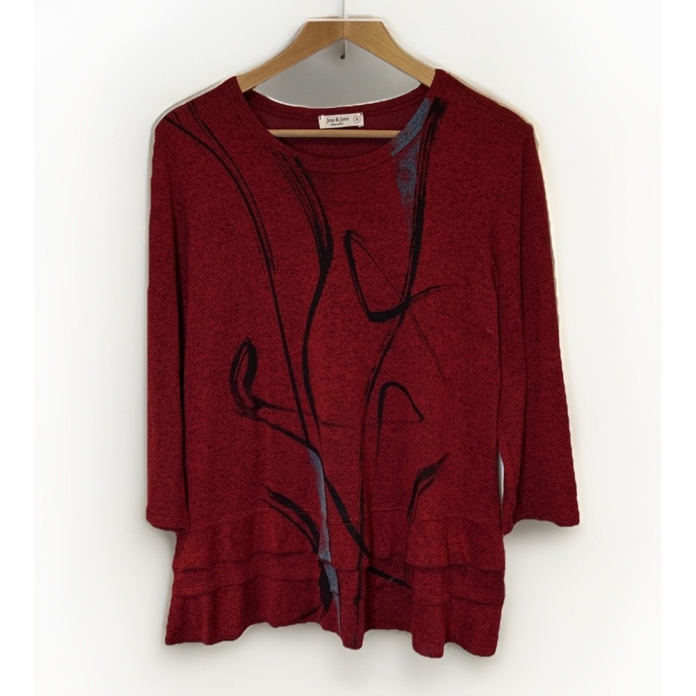 Jess & Jane Womens Top Tunic Red Black S Rayon Knit Abstract Print Ruffle Hem